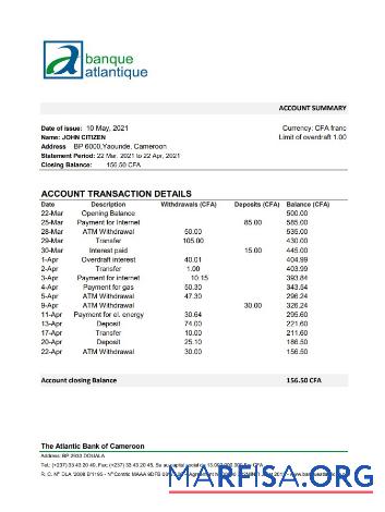 Blank Cameroon Atlantic Bank excel example